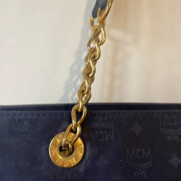 MCM Visetos Pattern Nylon Chain Tote Bag Shoulder Navy x Gold - Picture 3 of 8